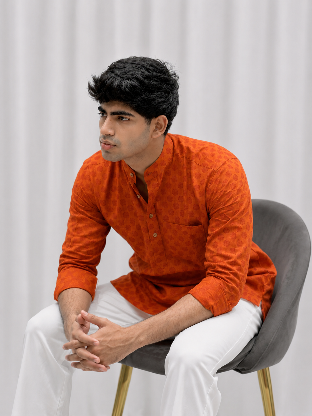 Orange Printed Cotton Linen Short Kurta Only