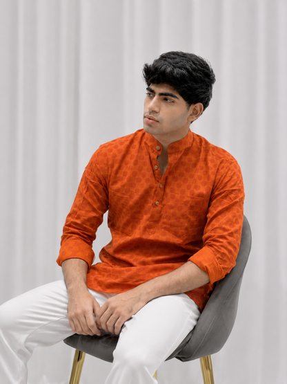 Orange Printed Cotton Linen Short Kurta Only