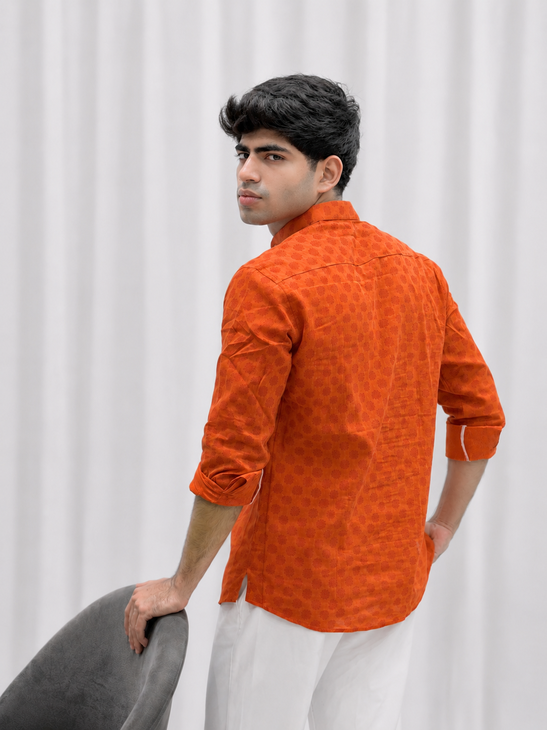 Orange Printed Cotton Linen Short Kurta Only