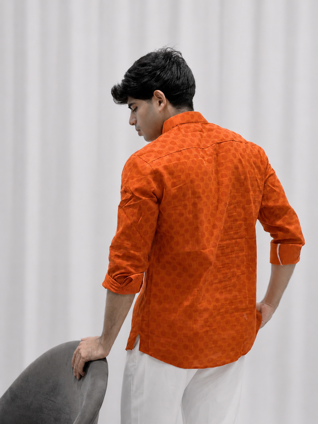 Orange Printed Cotton Linen Short Kurta Only