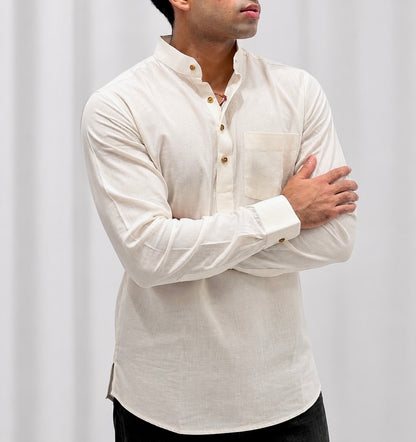 White Cotton Linen Short Kurta Only
