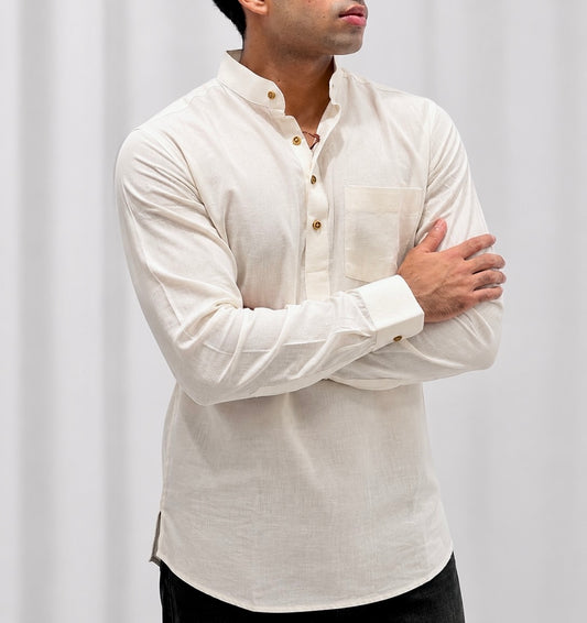 White Cotton Linen Short Kurta Only