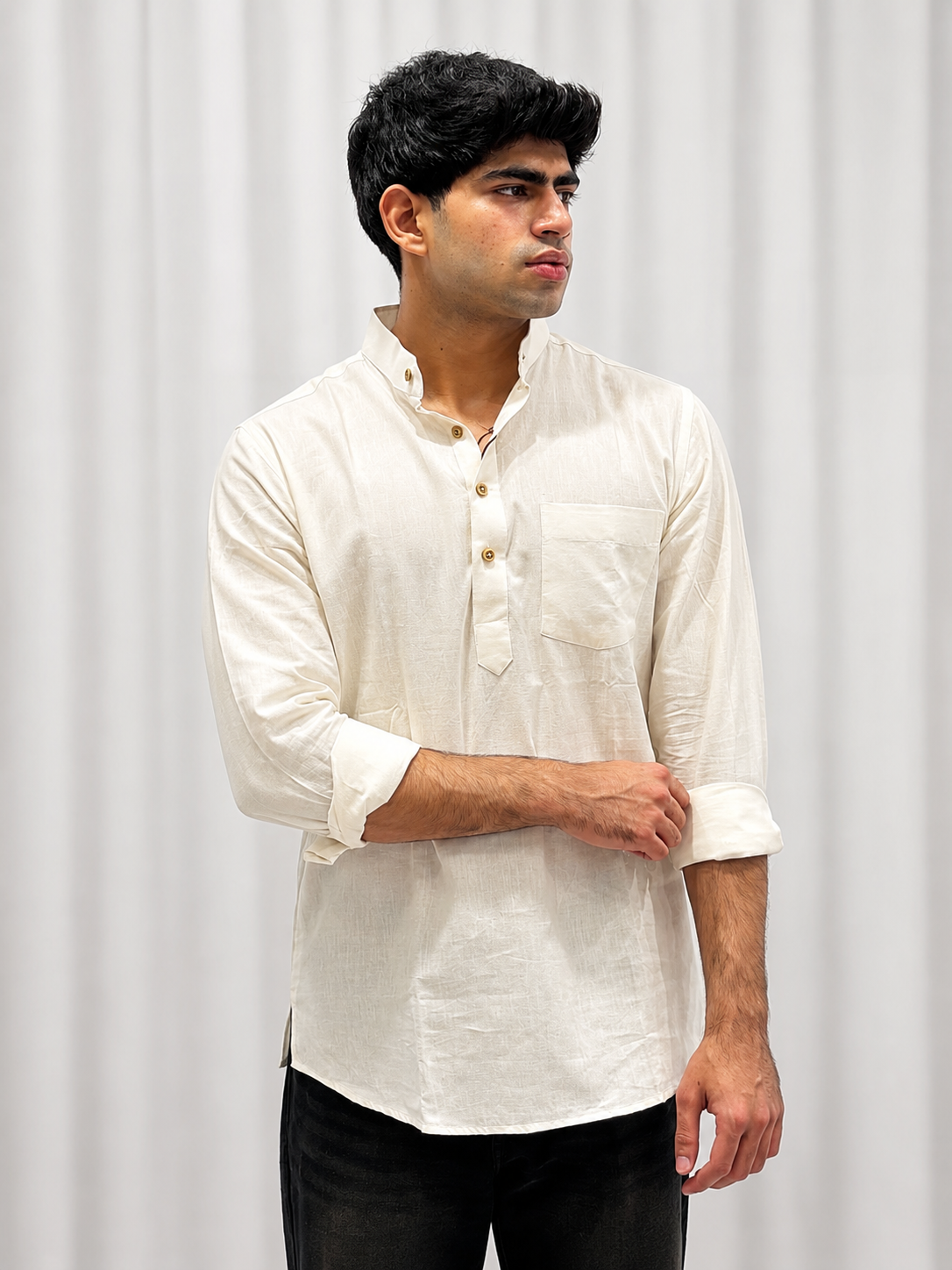White Cotton Linen Short Kurta Only