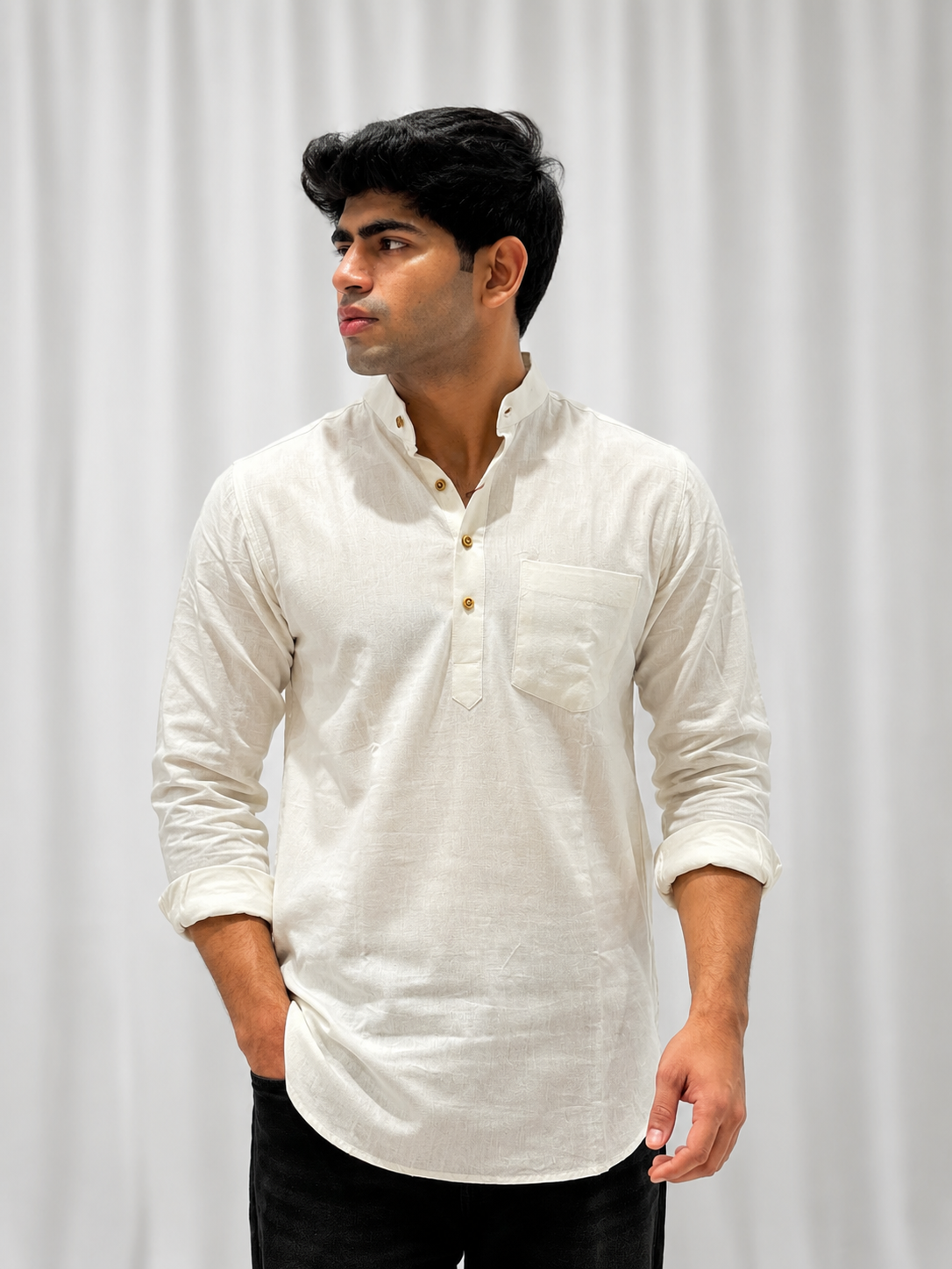 White Cotton Linen Short Kurta Only