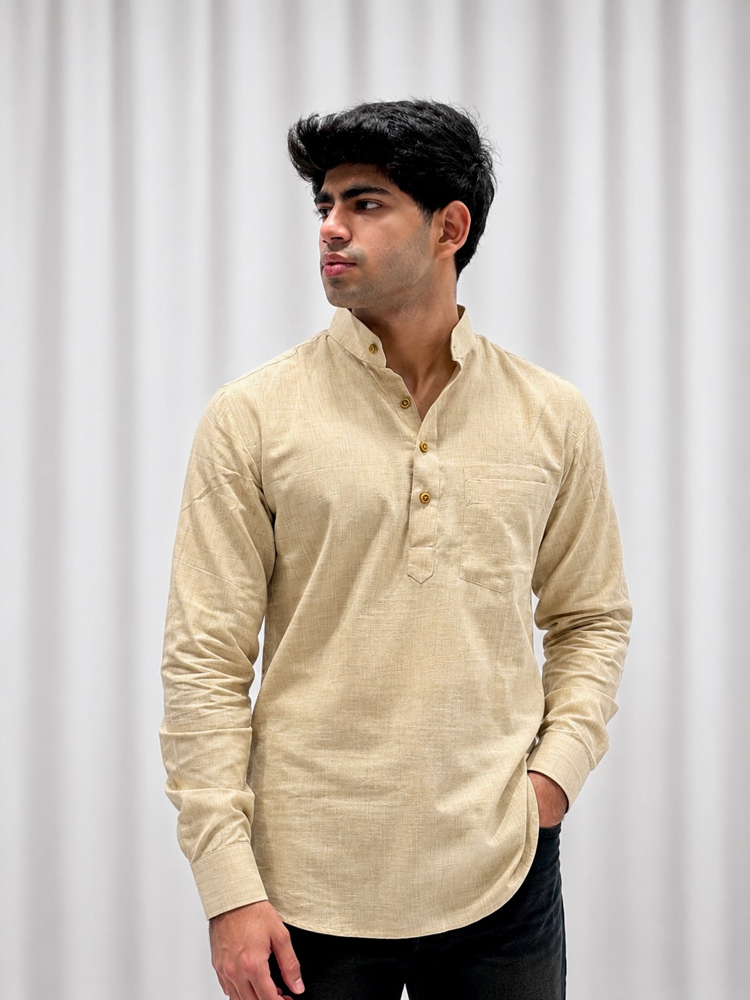 Beige Cotton Linen Short Kurta Only