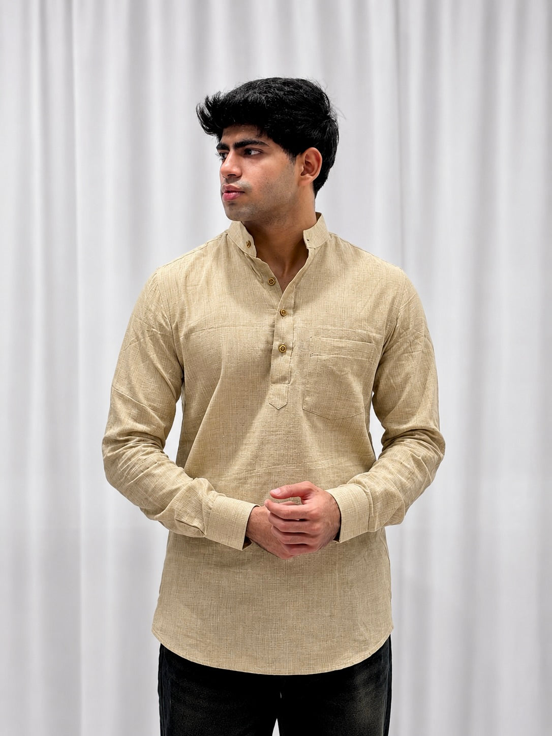 Beige Cotton Linen Short Kurta Only