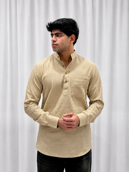 Beige Cotton Linen Short Kurta Only