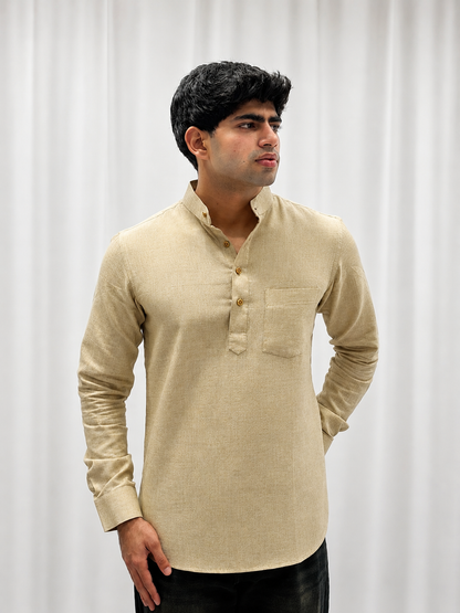 Beige Cotton Linen Short Kurta Only
