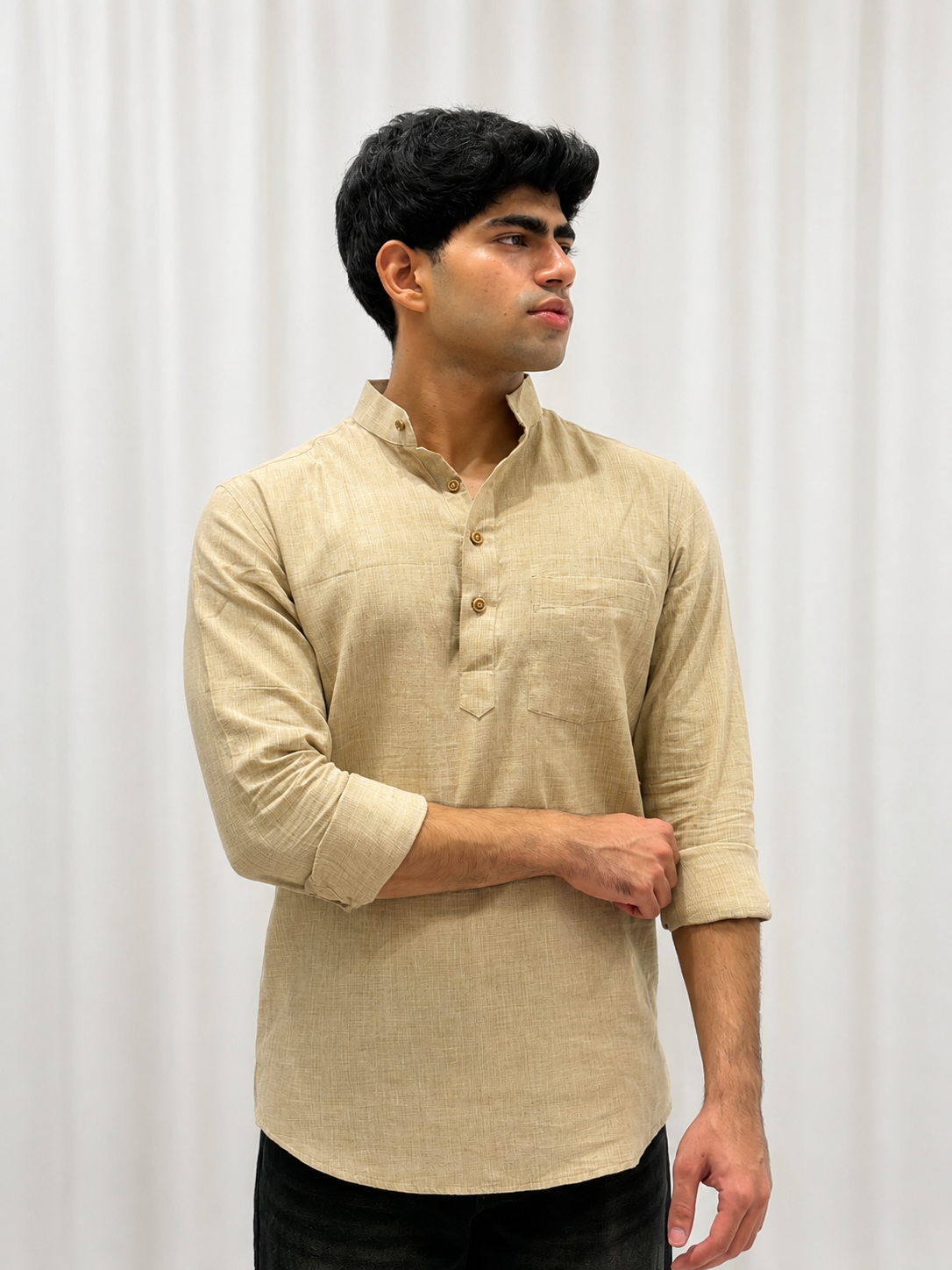 Beige Cotton Linen Short Kurta Only