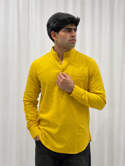 Dark Yellow Cotton Linen Short Kurta Only