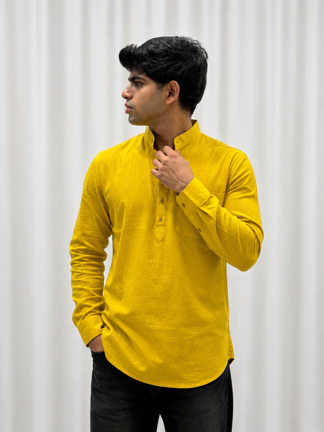 Dark Yellow Cotton Linen Short Kurta Only