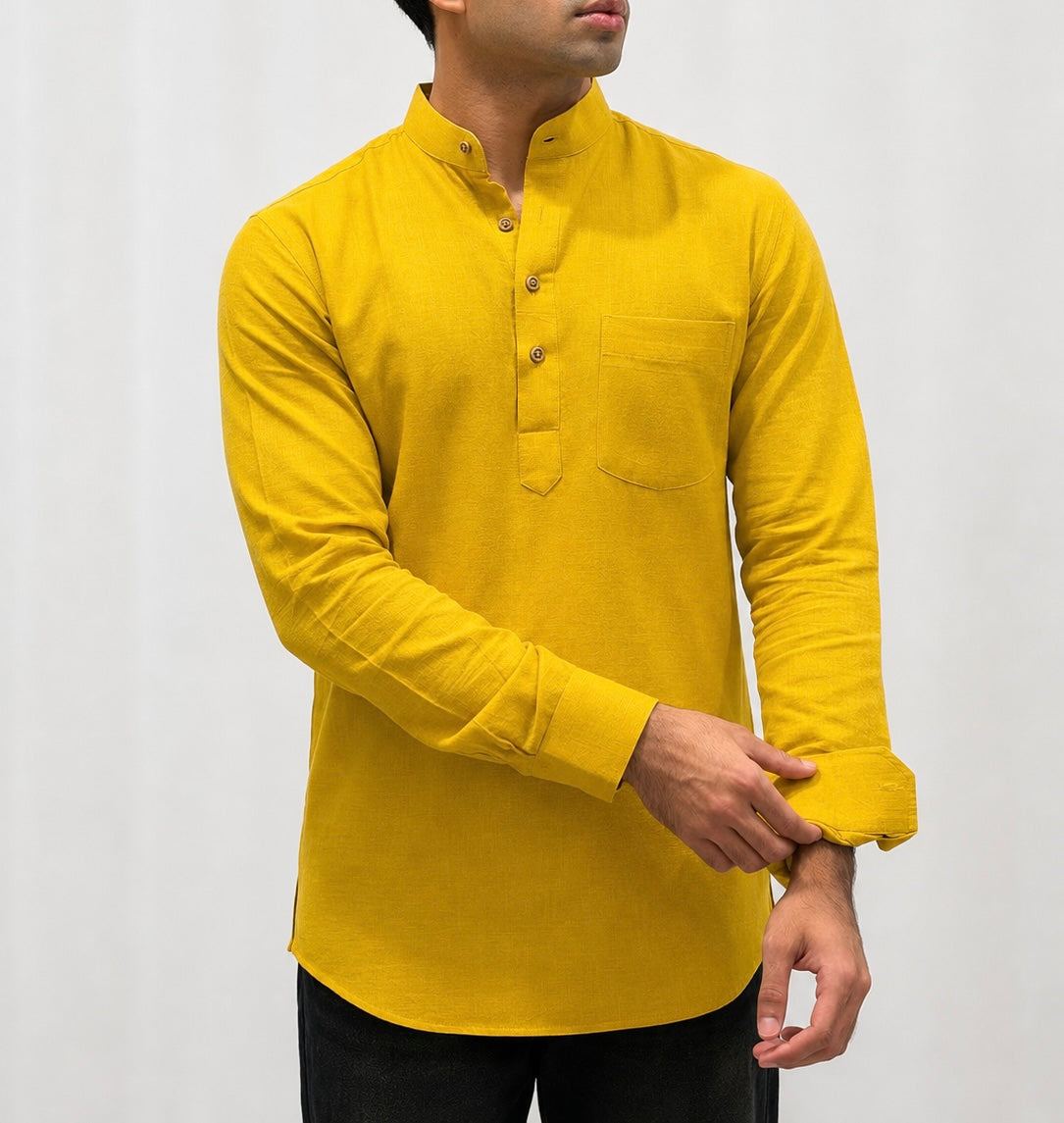 Dark Yellow Cotton Linen Short Kurta Only