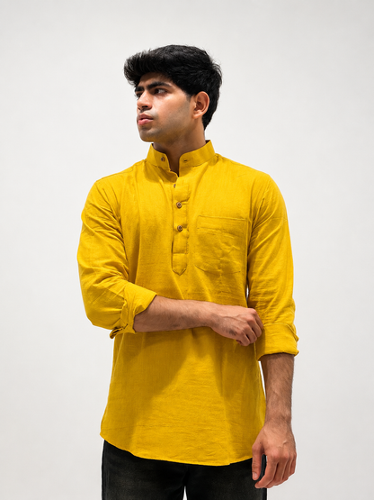 Dark Yellow Cotton Linen Short Kurta Only