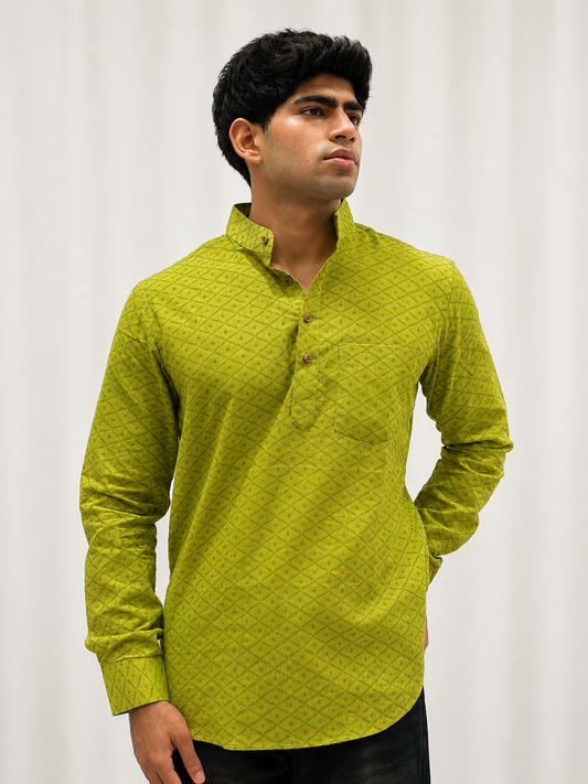 Green Cotton Linen Short Kurta – Pattern 1