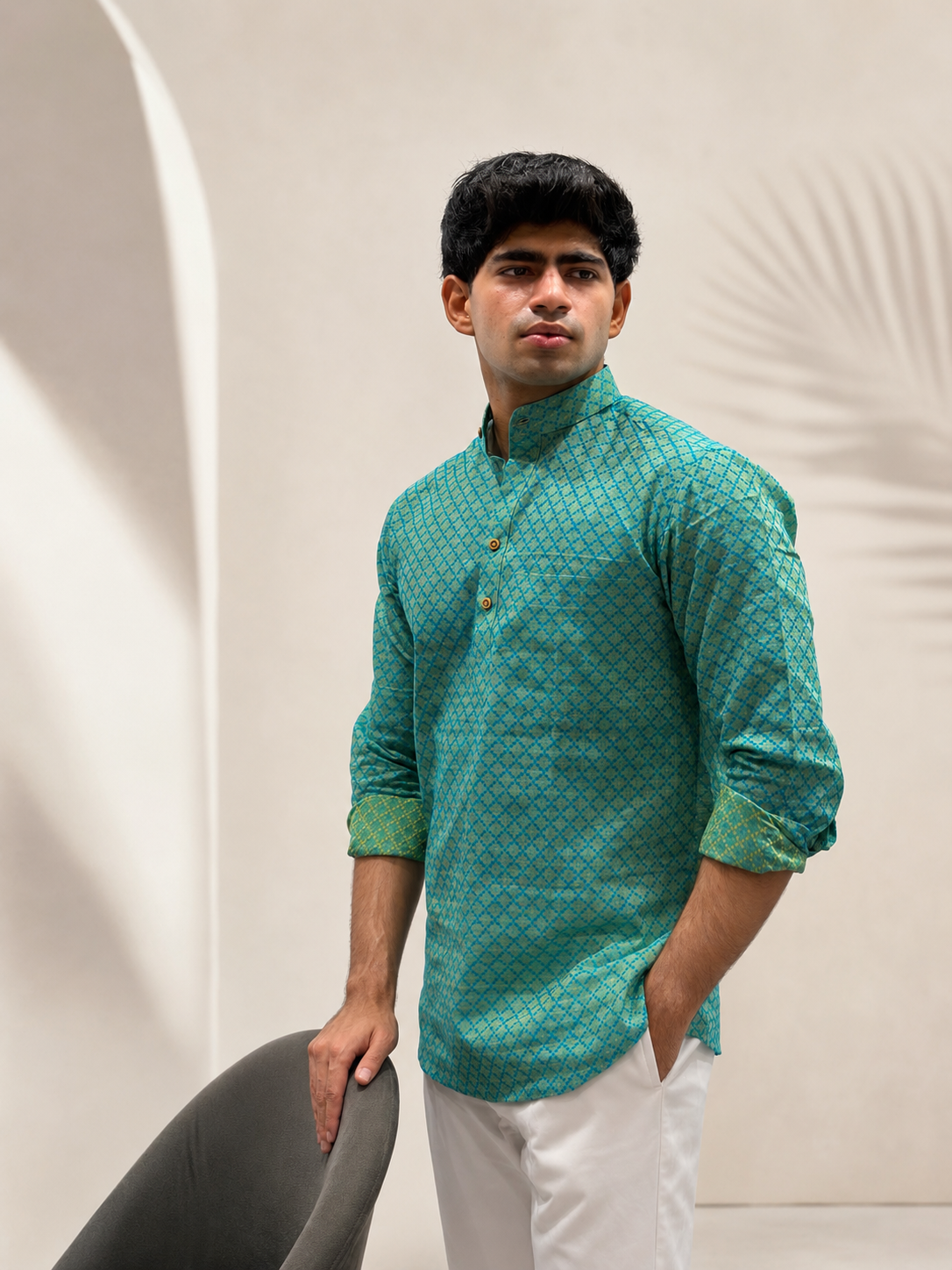 Teal Cotton Linen Short Kurta Only