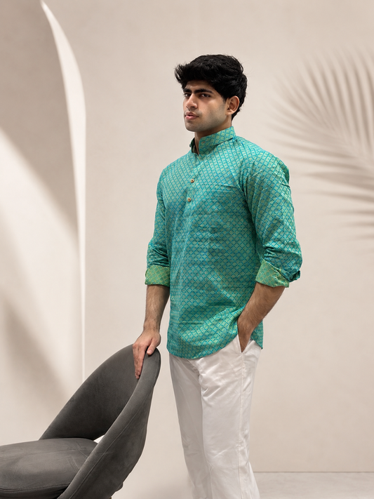 Teal Cotton Linen Short Kurta Only