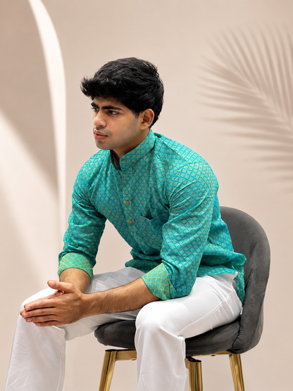 Teal Cotton Linen Short Kurta Only