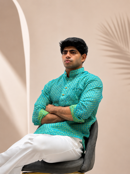 Teal Cotton Linen Short Kurta Only