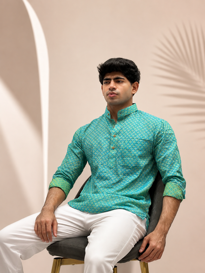Teal Cotton Linen Short Kurta Only