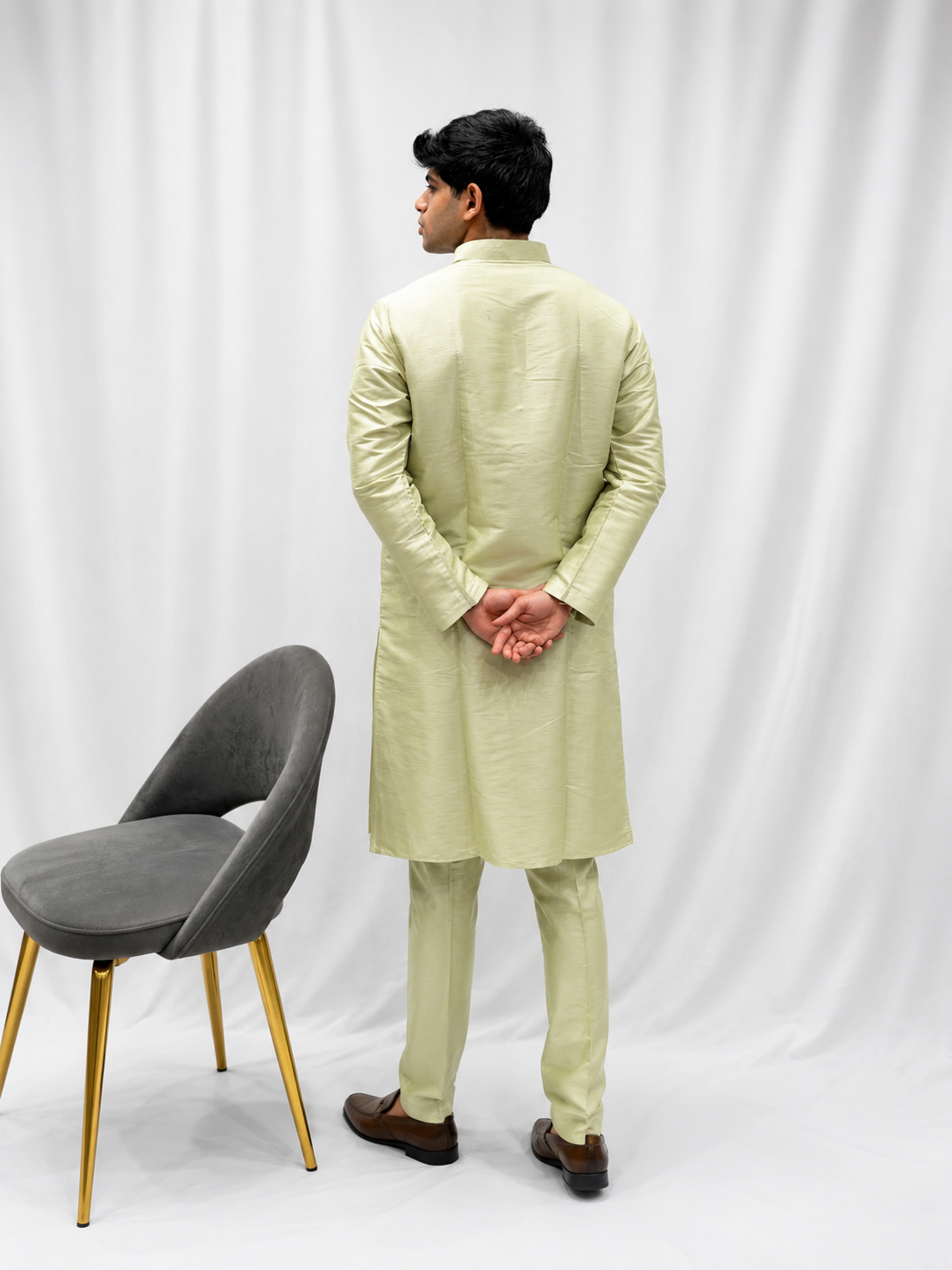 Pista Green Kurta Set with Gold Embroidered Nehru Jacket  Description