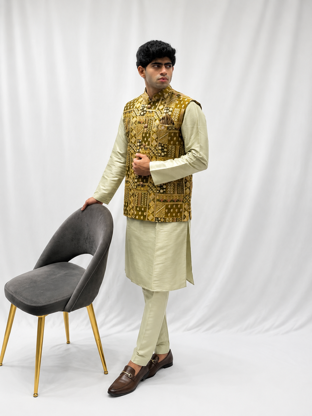 Pista Green Kurta Set with Gold Embroidered Nehru Jacket  Description