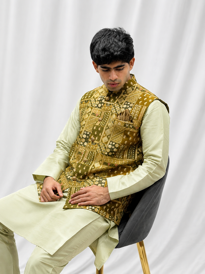 Pista Green Kurta Set with Gold Embroidered Nehru Jacket  Description