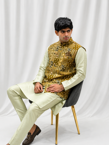 Pista Green Kurta Set with Gold Embroidered Nehru Jacket  Description
