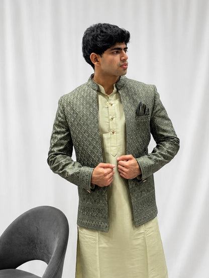 Pista Green Open Jodhpuri Daman Work Kurta Set