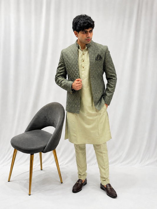 Pista Green Open Jodhpuri Daman Work Kurta Set