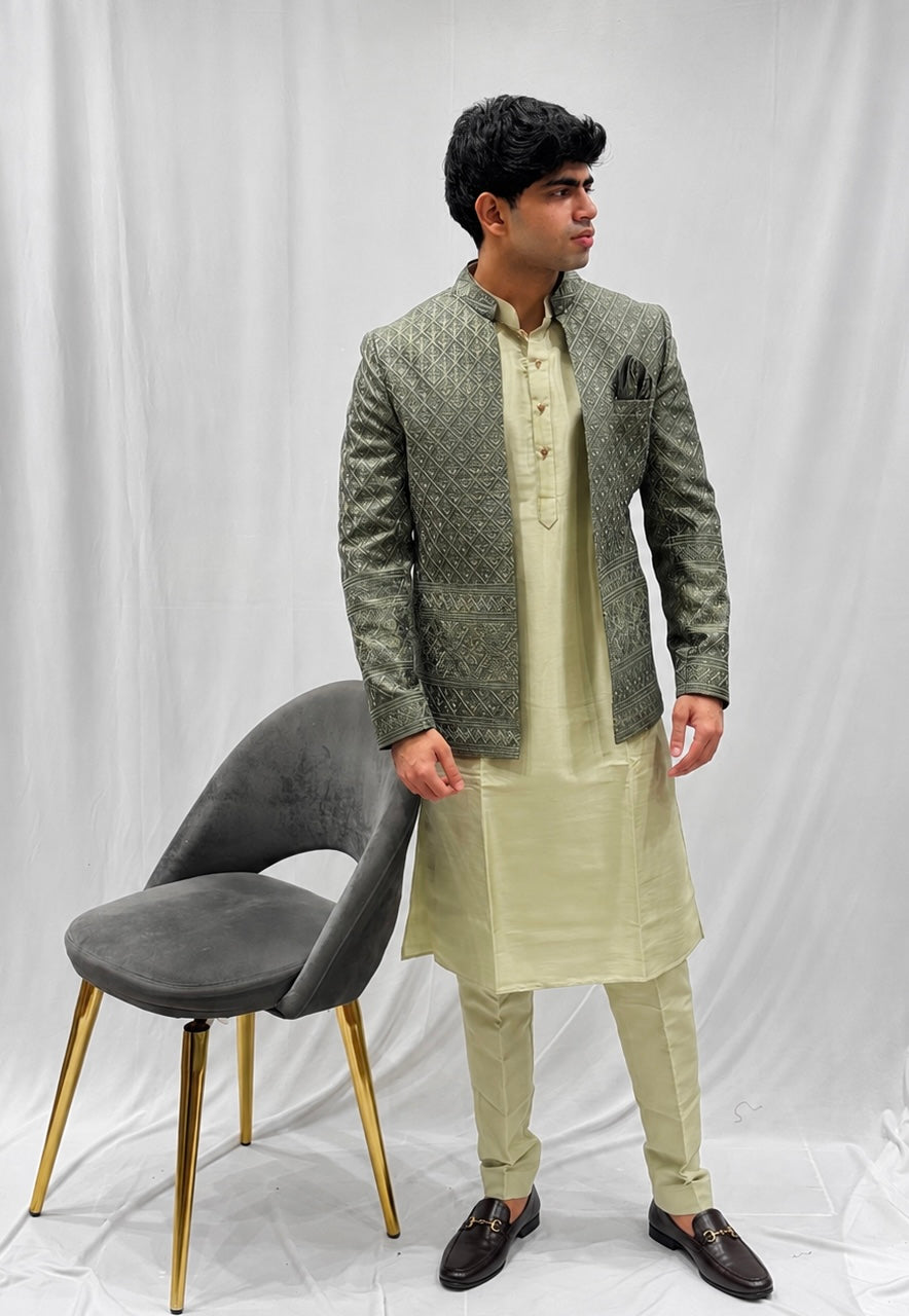 Pista Green Open Jodhpuri Daman Work Kurta Set
