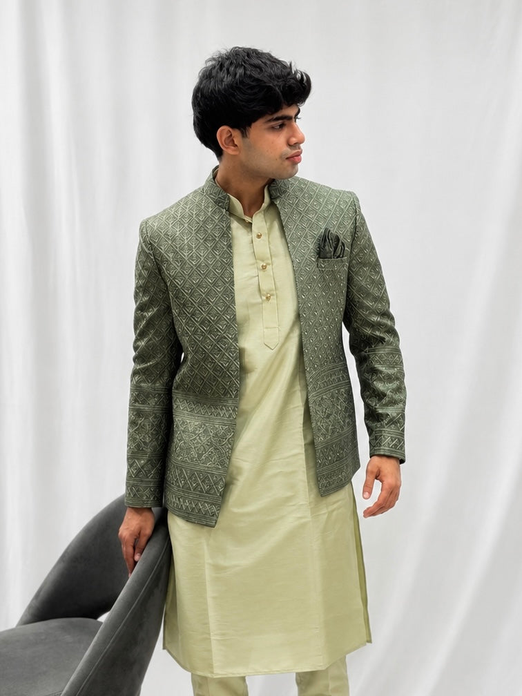 Pista Green Open Jodhpuri Daman Work Kurta Set