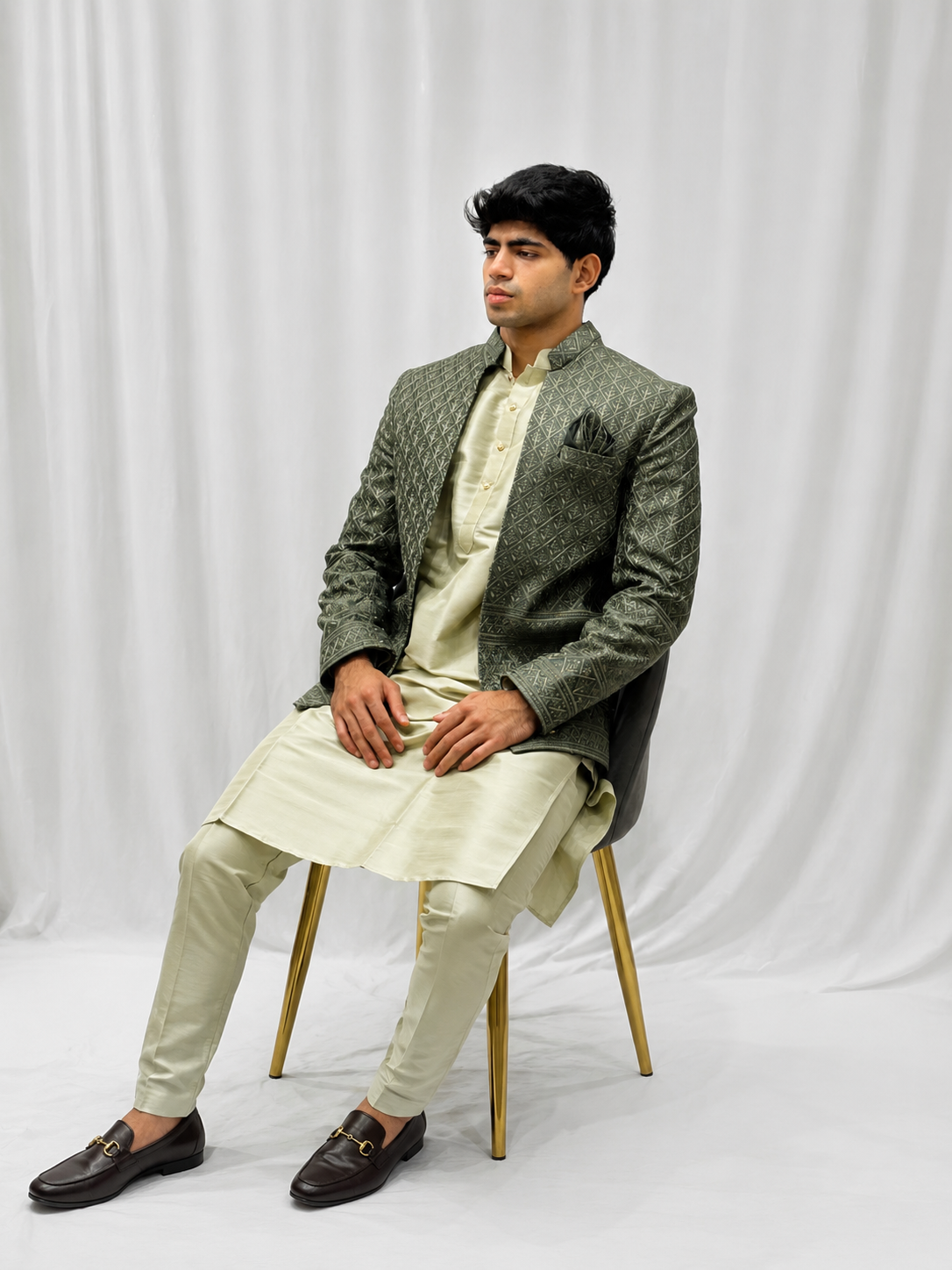 Pista Green Open Jodhpuri Daman Work Kurta Set