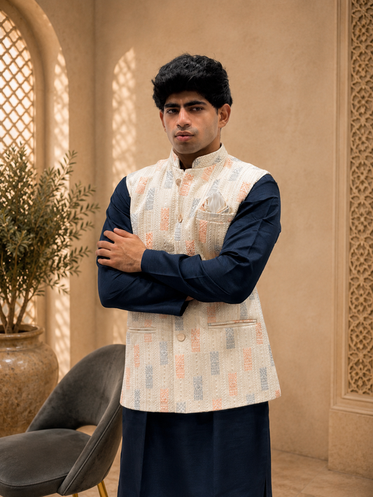 Navy Blue Kurta Cream Multi Nehru Jacket Set