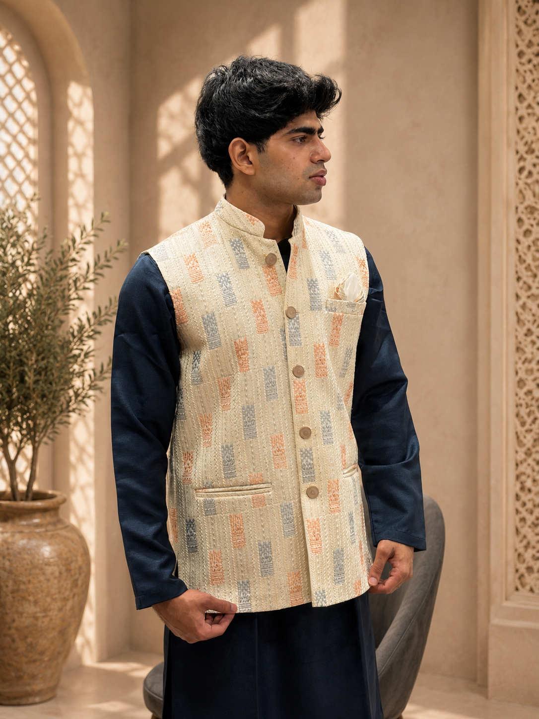 Navy Blue Kurta Cream Multi Nehru Jacket Set