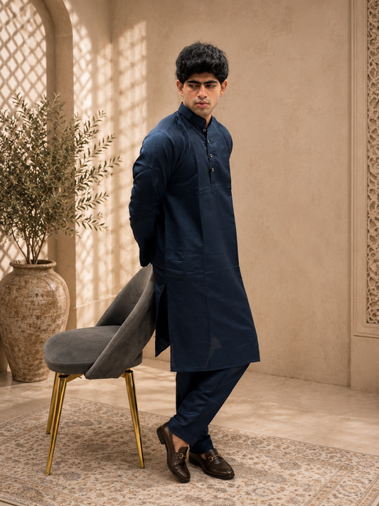 Navy Blue Silk Kurta Set