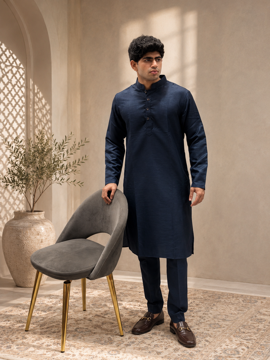 Navy Blue Silk Kurta Set