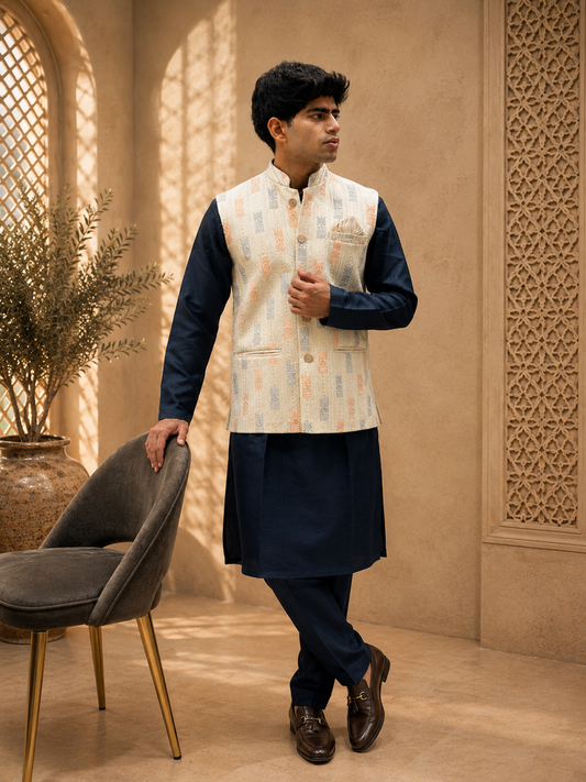 Navy Blue Kurta Cream Multi Nehru Jacket Set