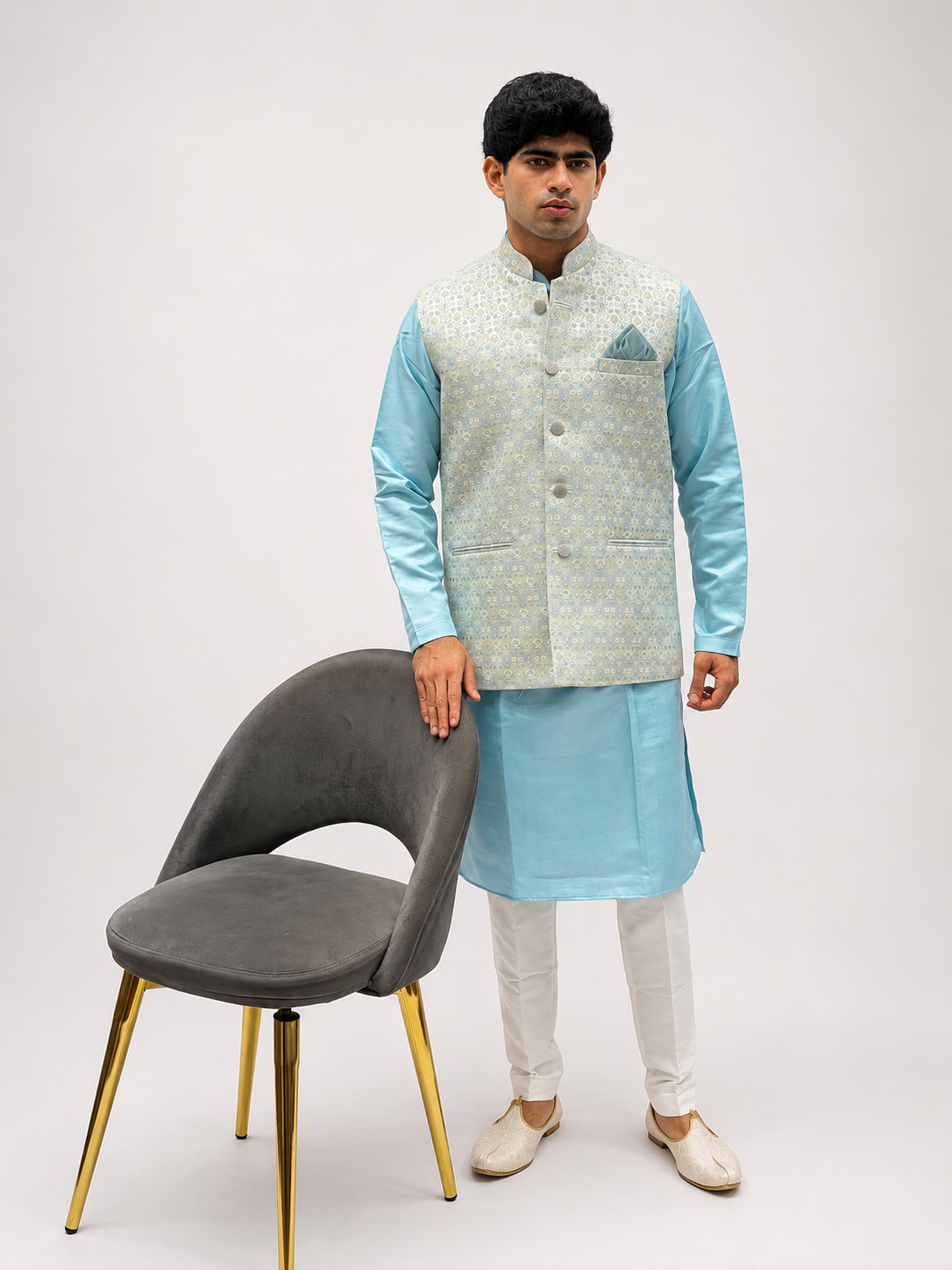 Blue Kurta, White Trouser & Light Grey Embroidered Nehru Jacket Set