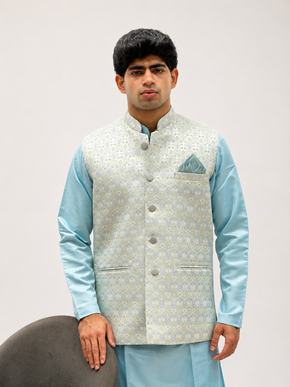 Blue Kurta, White Trouser & Light Grey Embroidered Nehru Jacket Set