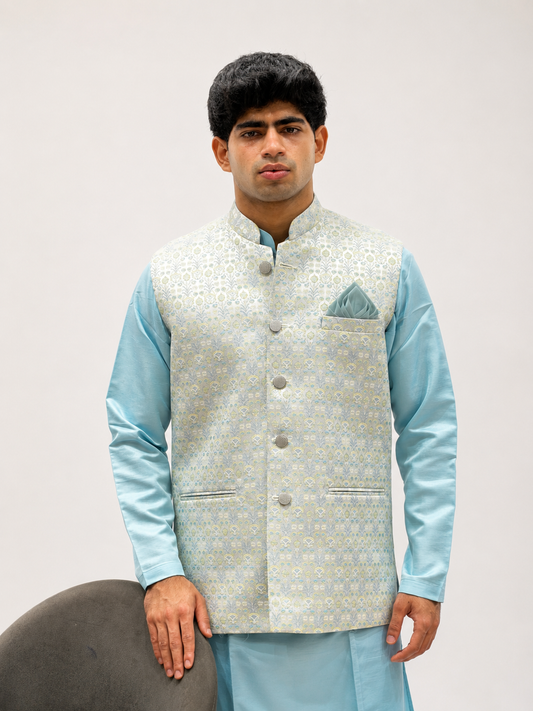 Blue Kurta, White Trouser & Light Grey Embroidered Nehru Jacket Set