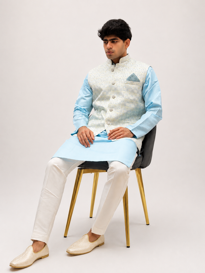 Blue Kurta, White Trouser & Light Grey Embroidered Nehru Jacket Set