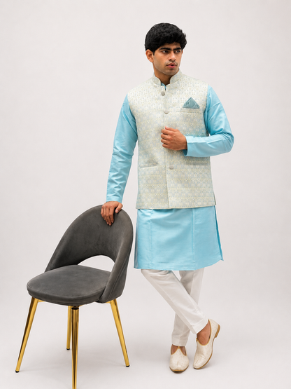 Blue Kurta, White Trouser & Light Grey Embroidered Nehru Jacket Set