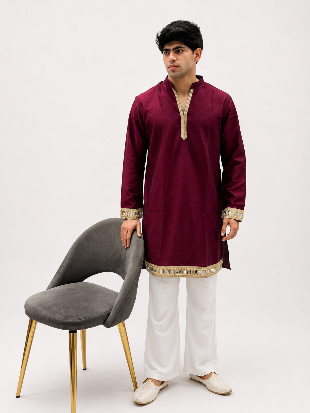 Rani Pink Silk Daman Work Kurta Set – V-Neck