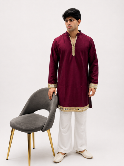 Rani Pink Silk Daman Work Kurta Set – V-Neck