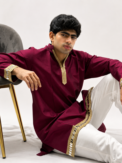 Rani Pink Silk Daman Work Kurta Set – V-Neck