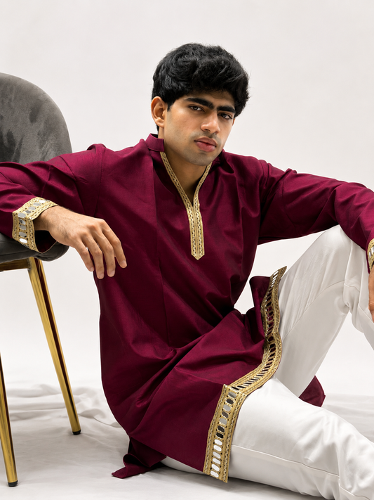 Rani Pink Silk Daman Work Kurta Set – V-Neck
