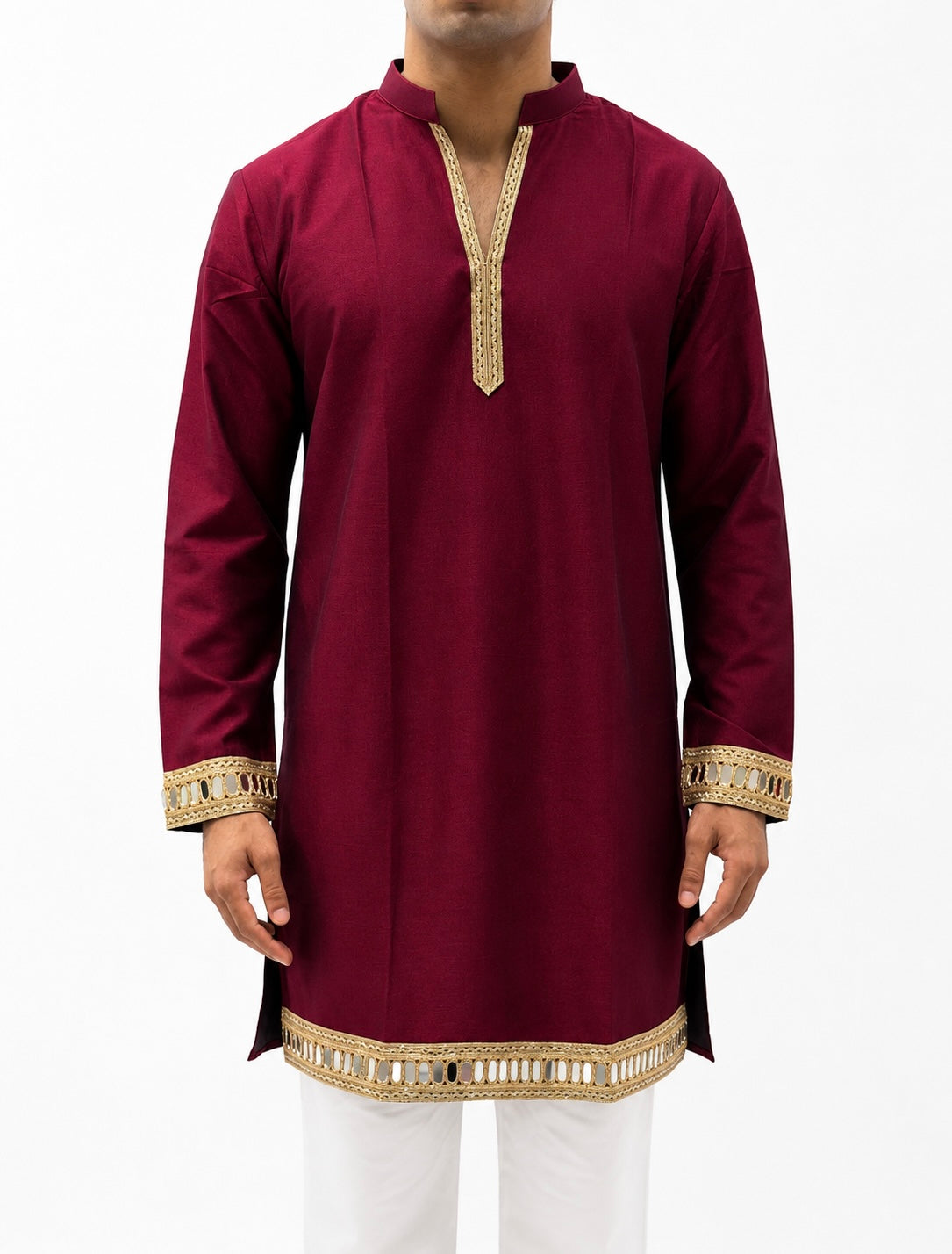 Rani Pink Silk Daman Work Kurta Set – V-Neck