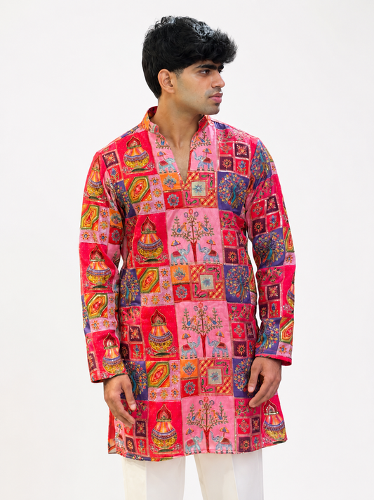 Men's Pink Multicolor Printed Ethnic Kurta with White Trouser