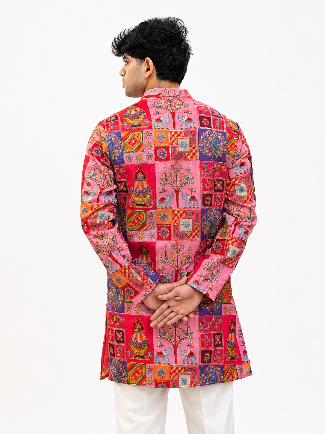 Men's Pink Multicolor Printed Ethnic Kurta with White Trouser