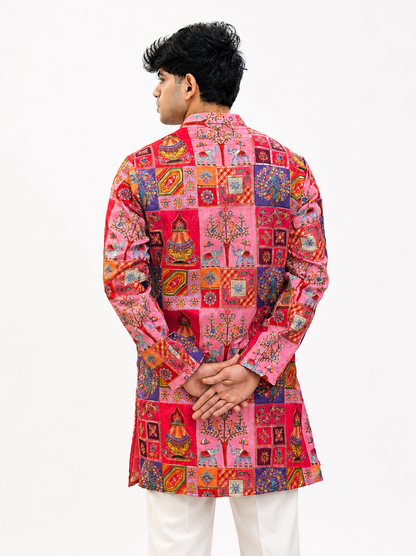 Men's Pink Multicolor Printed Ethnic Kurta with White Trouser